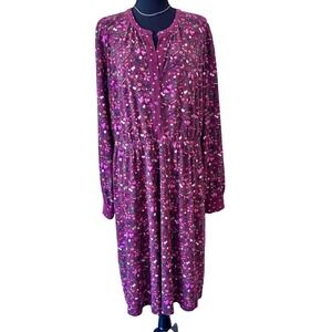 Talbots Burgundy Floral Button Dress Polka Dot Trim Midi Style Size XL (No Belt)